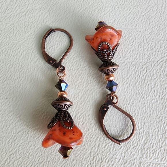 Earthy Orange Bell‎ Flower, Leverback Earrings, Beautiful Fall Flower Earrings - Picture 5 of 7